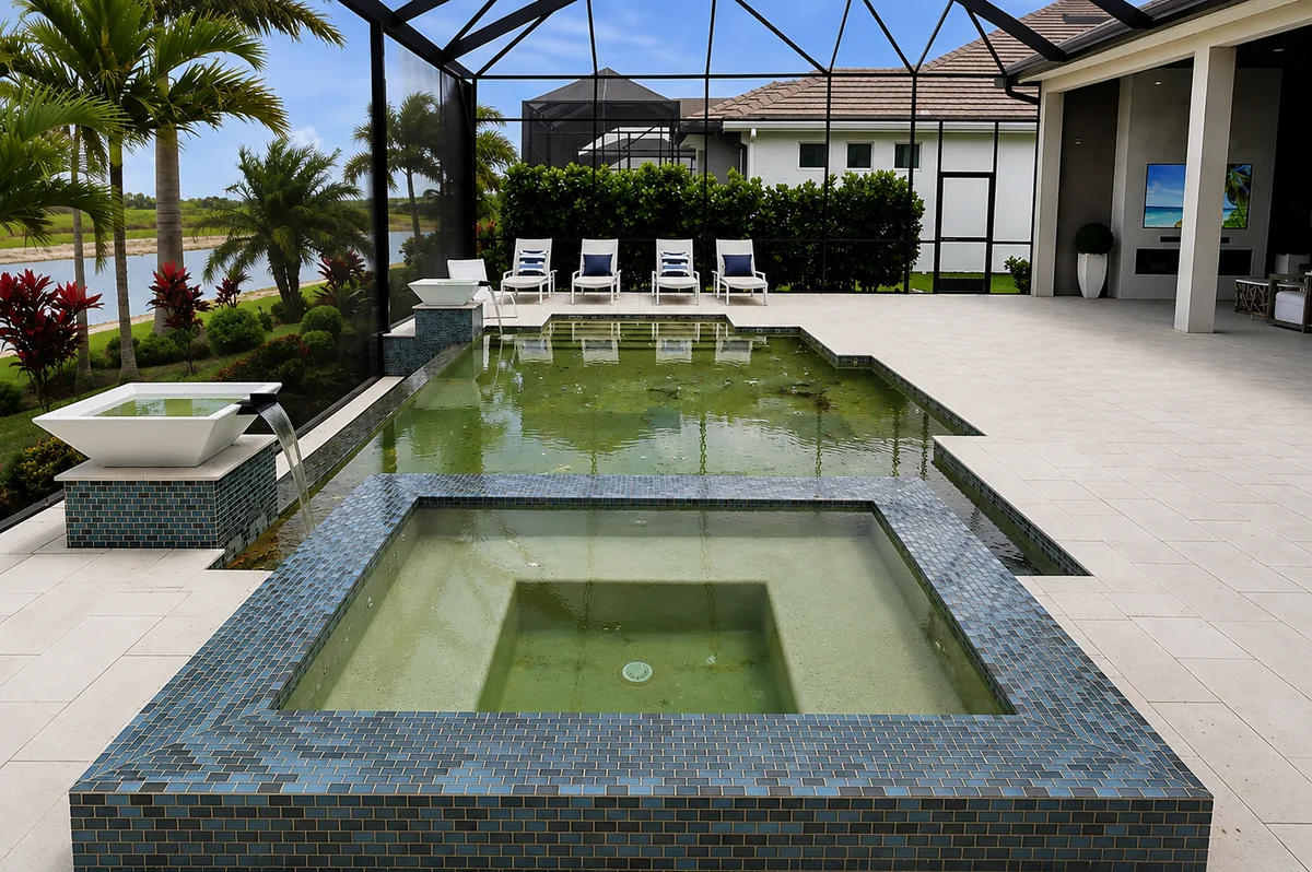 Residential pool with green, algae-filled water before Ocean Prime service